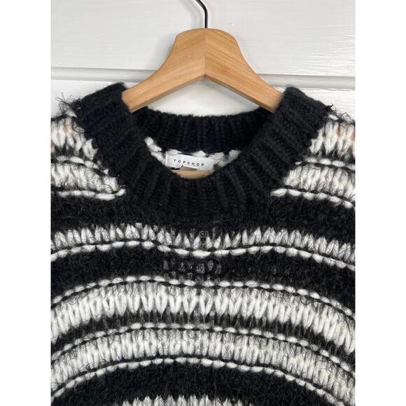 Topshop Black White Striped Crew Neck Fuzzy Chunky Knit Sweater Sz XS Oversized - Picture 3 of 10